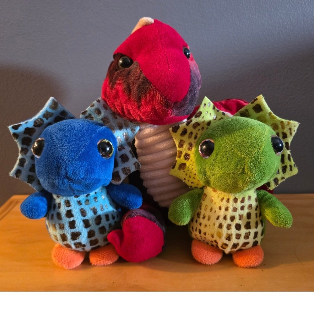 Dinosaur Plush Toy Lot 3 Pterodactyl Dilophosaurus Blue Green Red Stuffed Plush‎